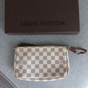 Louis Vuitton Pochette Accessories NM Damier Azur Handbag Purse with Dustbag Box